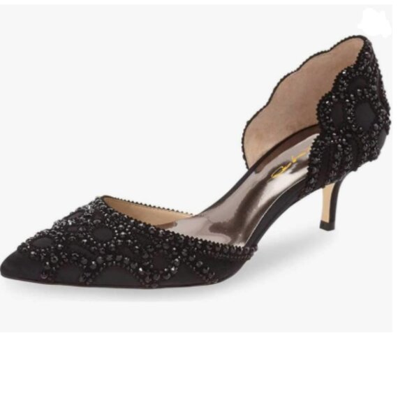 XYD Black Pointed Toe D'Orsay Kitten Heel Rhinestone Studs Pump Slip-On Shoes - Picture 1 of 8
